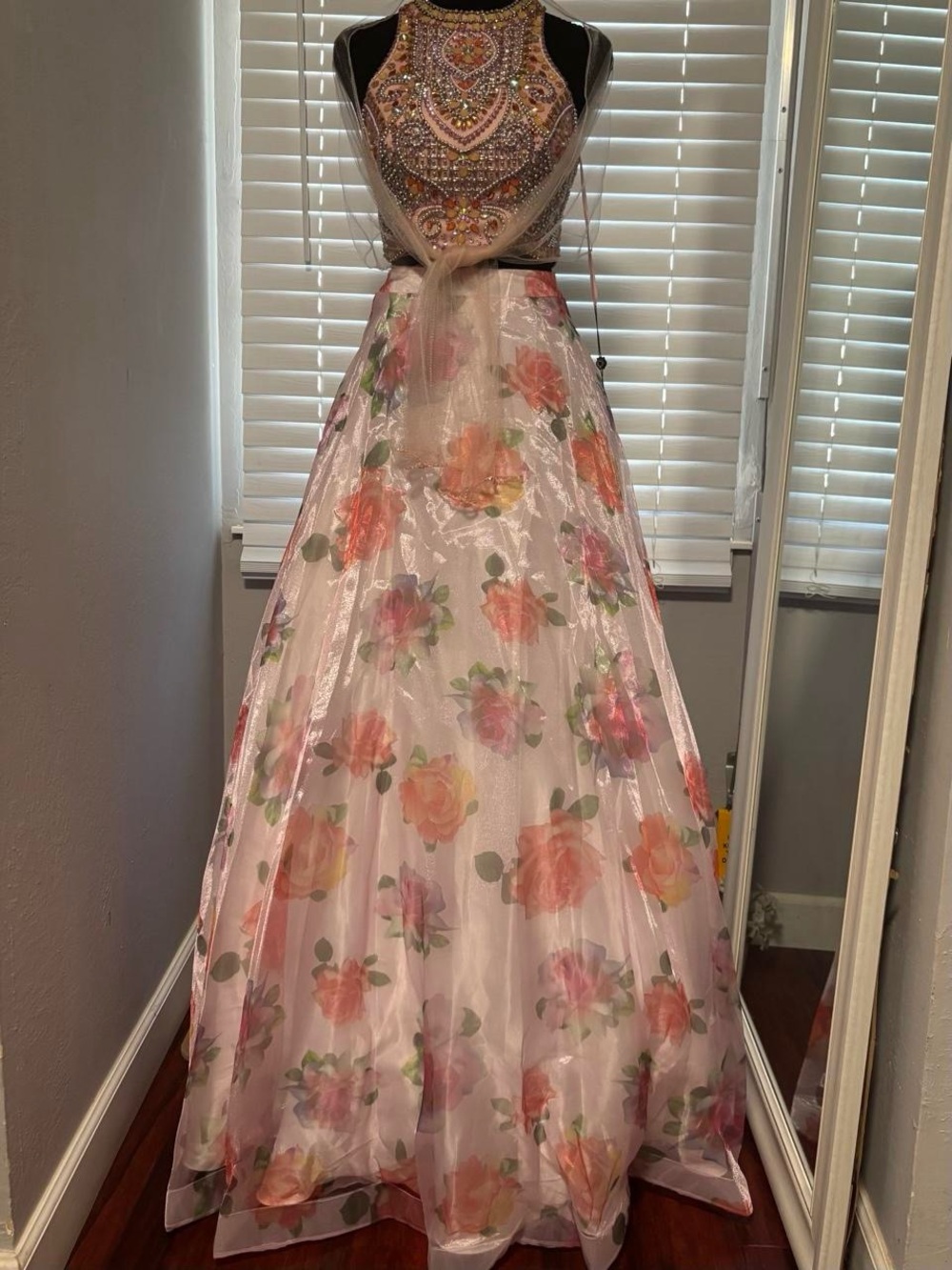 Embellished Floral A-Line Evening Dress - Pink Floral